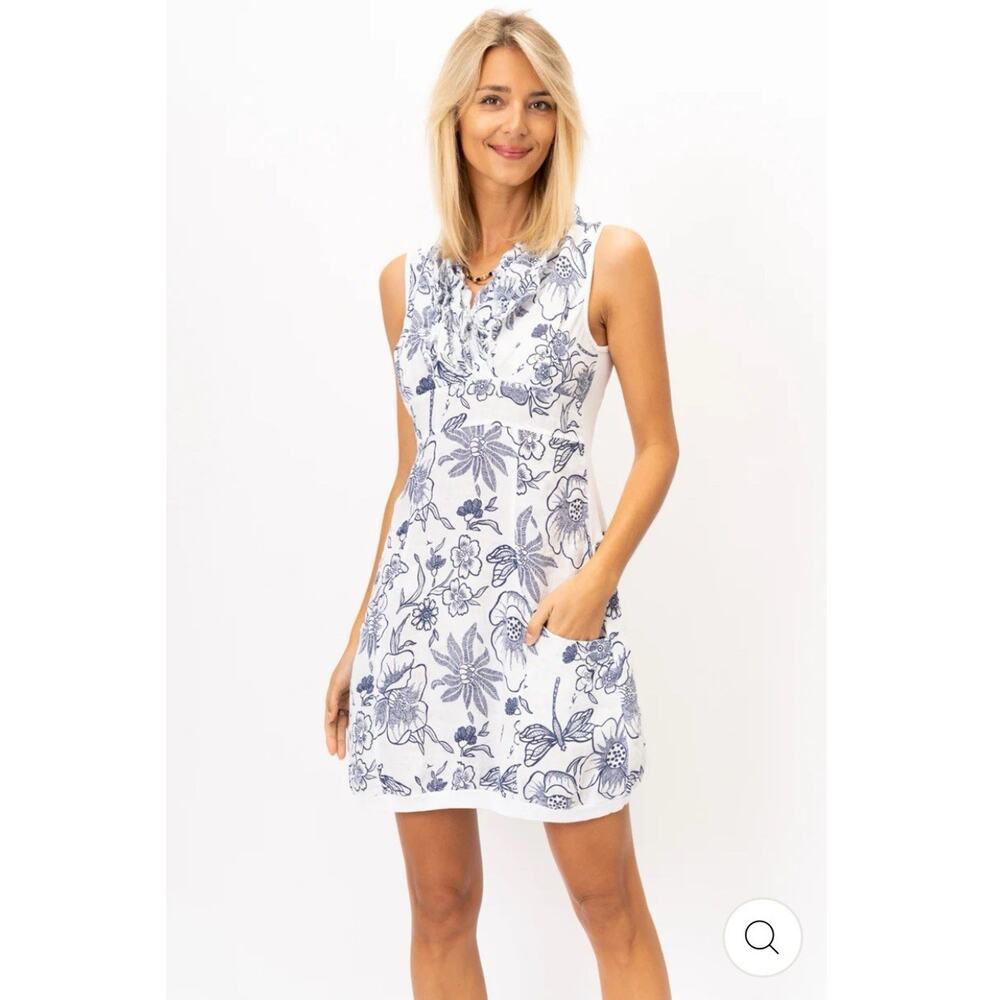 Purolino Made In Italy Blue Tan Tank Dress Ruffle Neck Balloon Hem Sz L/xl NWT